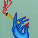 A blue g=hand with red nail polish holding a cigarette.